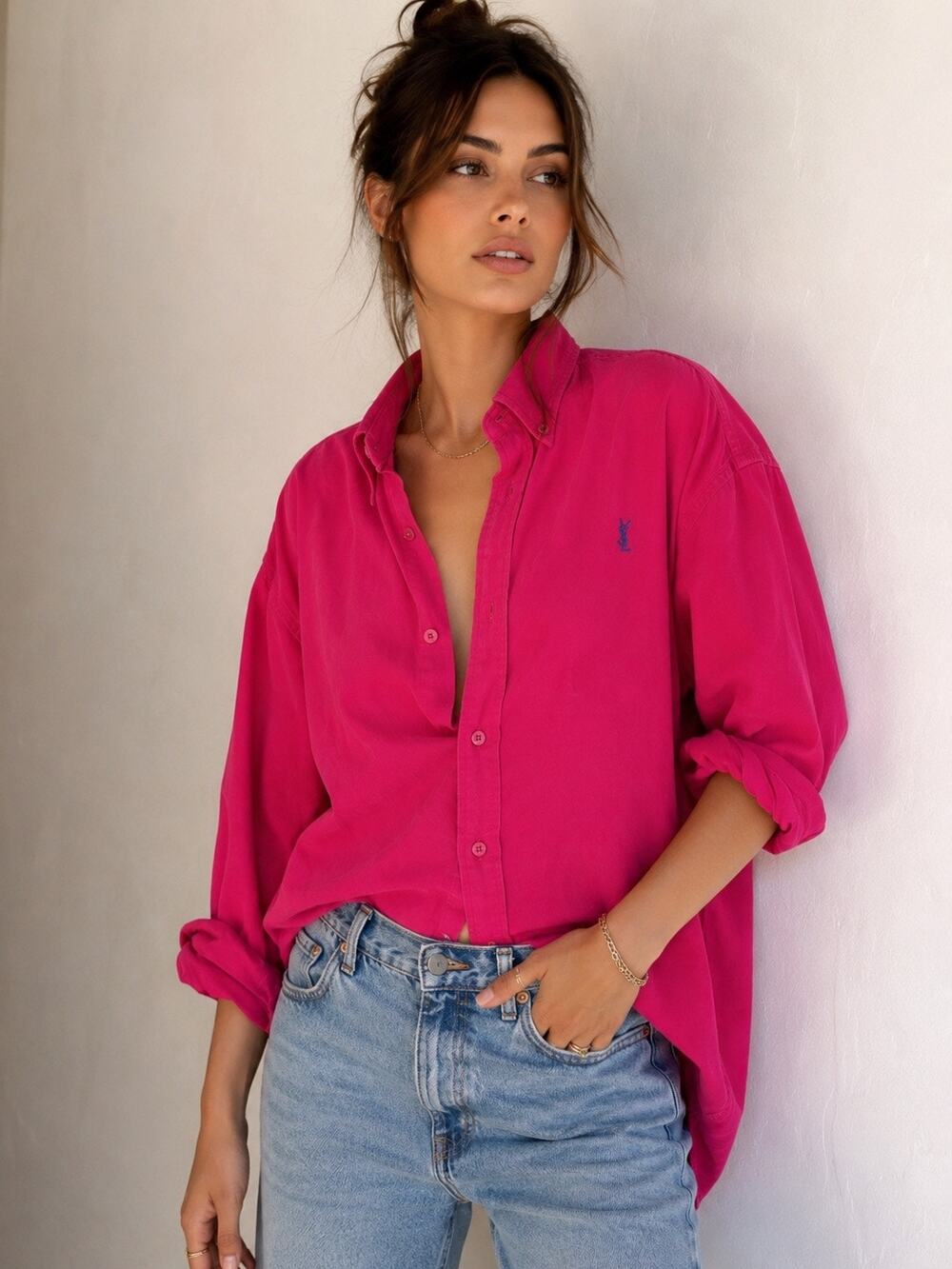Vintage Yves Saint Laurent Oversized Button Down Fuchsia Pink YSL Logo Shirt Med - Picture 1 of 9